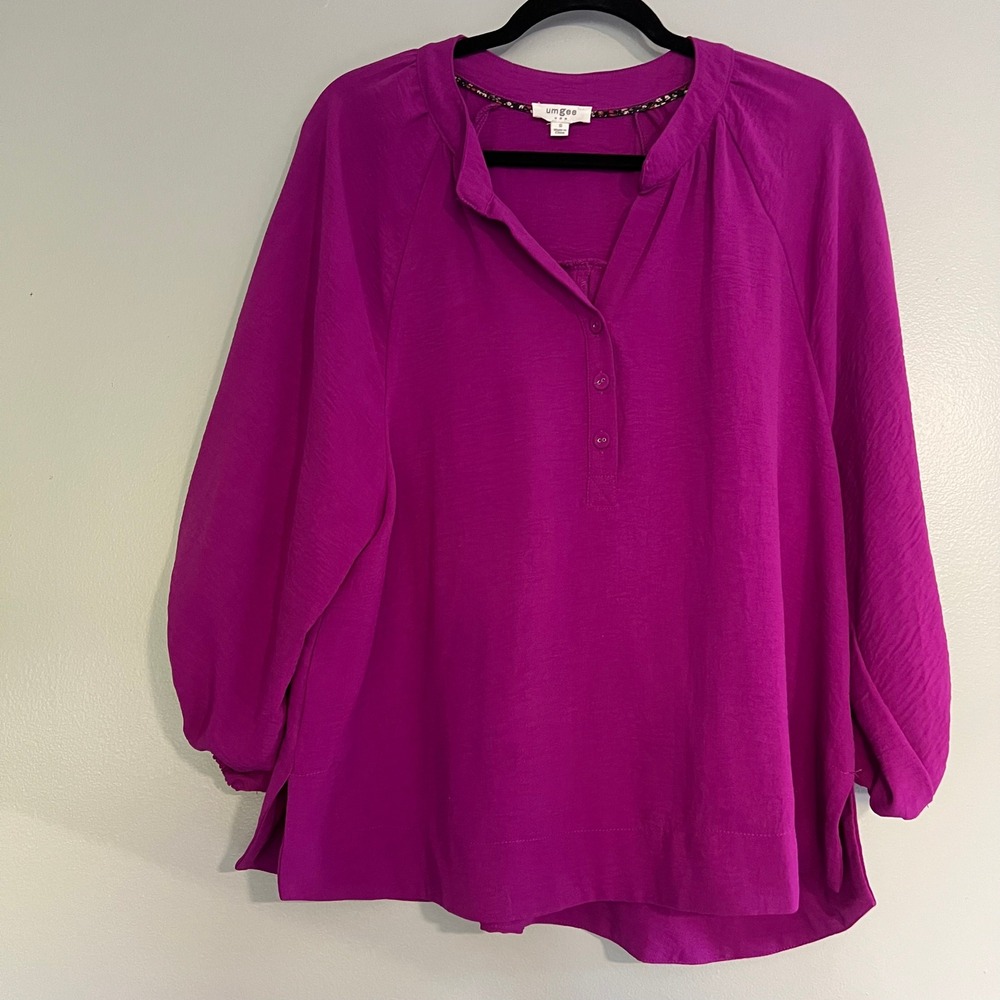 Umgee Magenta Purple Textured‎ Balloon Sleeve Blouse Split Neck Top Small Boho